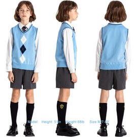 BOBOYOYO Boys Argyle Sweater Vest 100% Cotton School Uniform Vest for Toddler Kids Girl Knit Vest Light Blue