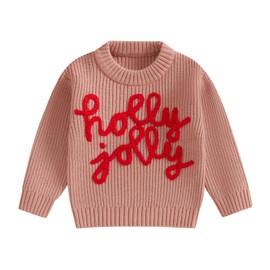 Baby Christmas Sweater Boy Girl Chunky Knit Long Sleeve Crewneck Embroidery Sweatshirt Toddler Pullover Tops (Holly Jolly-Pink, 0-6 Months)