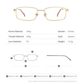 HEPIDEM Vintage Style Rectangular Metal Eyeglasses for Men Retro Square Glasses Frame (50252 Gold)