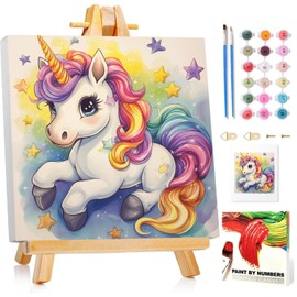 Painting by Numbers Children with Frame, Unicorn Painting by Numbers Children from 5 6 7 8 9 10 Years, Painting Set with Frame, Brush and Acrylic Paints, Gift for Girls and Boys, with Glitter 20 x 20