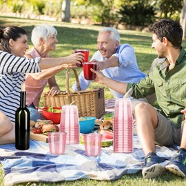 KesaPlan 100 Pcs Pink Plastic Cups, 12oz Disposable Stemless Wine Glasses for Cocktail Cute Clear Cocktail Wine Glasses Pink Party Cups for Meeting Wedding Christmas Holiday Party