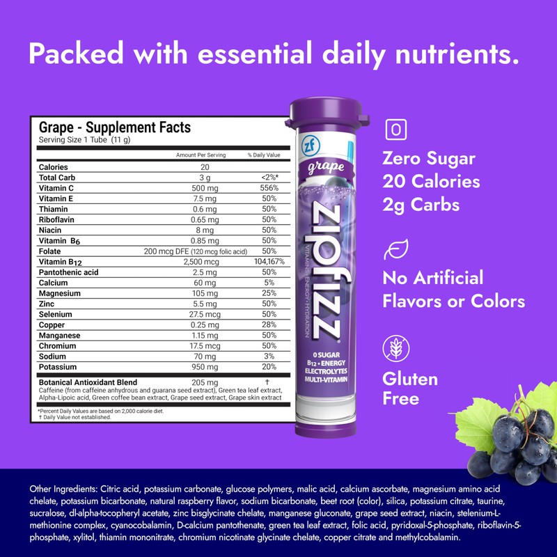 Zipfizz Daily Energy Drink Powder, Grape, 20 Pack | 3-in-1