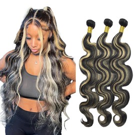 Niciitysi Highlight Human Hair P1B27 Body Wave Bundles 18 20 22 inch Ombre Two Tone Black Mixed With Honey Blonde Bundles Double Weft Brazilian Hair Extensions for Women