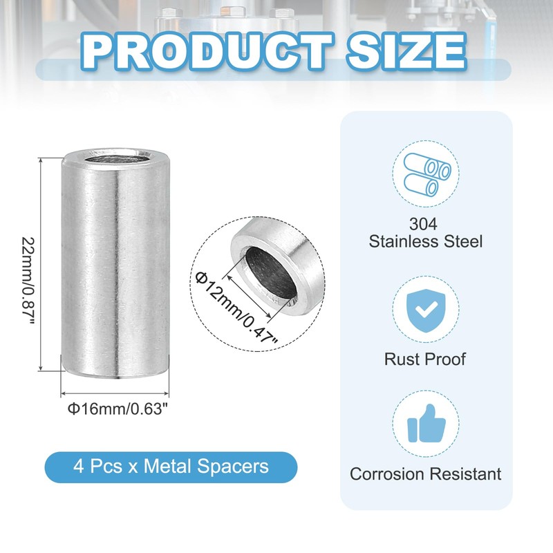 PATIKIL 4 Pcs Stainless Steel Spacers, 12mm ID x 16mm