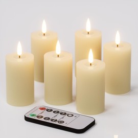 KunSwenn Flameless Candles with Remote Timer, 6 PCS Real Wax LED Votive Battery Operated Candles with 3D Flame, Flickering Pillar Candles for Christmas Home Decororations(Ivory, 4.5” x 1.9”)