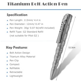 Hamans Titanium Bolt Action Pen 4.4'' Ballpoint Ink Pen with Pocket Clip Refillable Writing Pen for Outdoor, Working, Writing