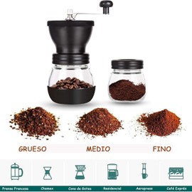 Manual Molinillo de Café Molino de Café Manual con Ajustable Cerámica Burr de Carburo | Dos Tarros de Vidrio Transparente | Mango de Acero Inoxidable y Cubierta de Silicona Molino Cafe Manual Portátil para Viajes | Camping | Trabajo | Oficina | Incluye C