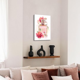 Makeup Room Perfume Canvas Decor: Glam Fashion Peony Floral Wall Art Pink Flower in Gold Foil Bottle Romantic Painting Artwork Modern Vogue Chic Trendy Picture for Girls' Room Bedroom