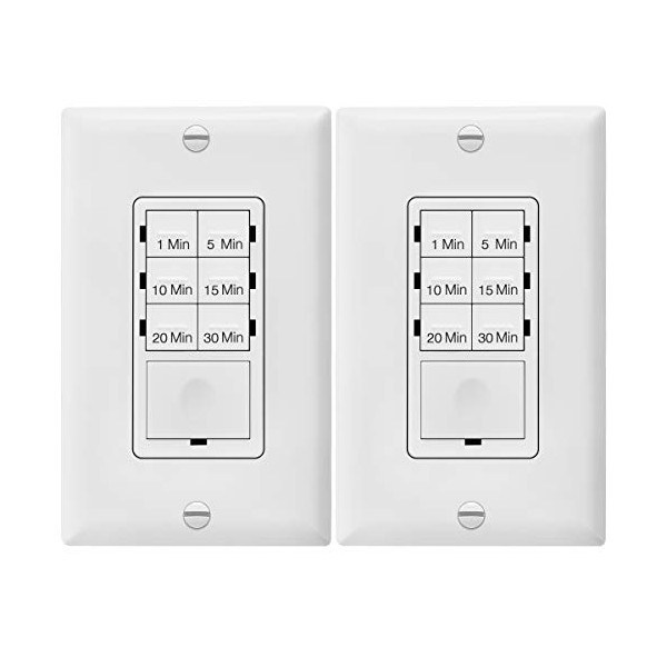 ENERLITES Countdown Timer Switch for bathroom fans and household lights, 1-5-10-15-20-30 Min Settings with Manual Override, Always On Blue LED, Neutral Wire Required, UL Listed, HET06A, White, 2 Pack