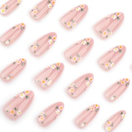 Press On Nails, Floral Little Flower, Short Square Almond Ballet Shape on 24PCs (Almond Nude Flower)