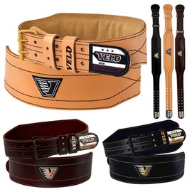 VELO Weight Lifting 4" Cow Hide Leather Gym Belt Back Support Strap Power Training Exercise Bodybuilding Belts (Beach, M 30-38)