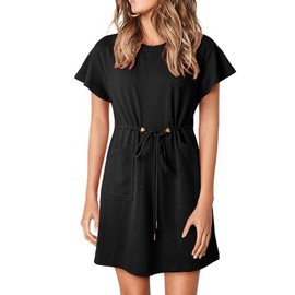 EVALESS Summer Dresses for Women 2025 Spring Fashion Beach Vacation Casual Ruffle Short Sleeve Solid Flowy A Line Swing Mini Dress with Pockets,Black XX-Large