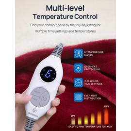 Westinghouse Electric Blanket with Foot Pocket for Adults, Ultra Soft Flannel to Sherpa Heated Throw with 6 Heating Levels & 2-10 Hours Time Settings, Fast Heating & Machine Washable, 50x62, Burgundy