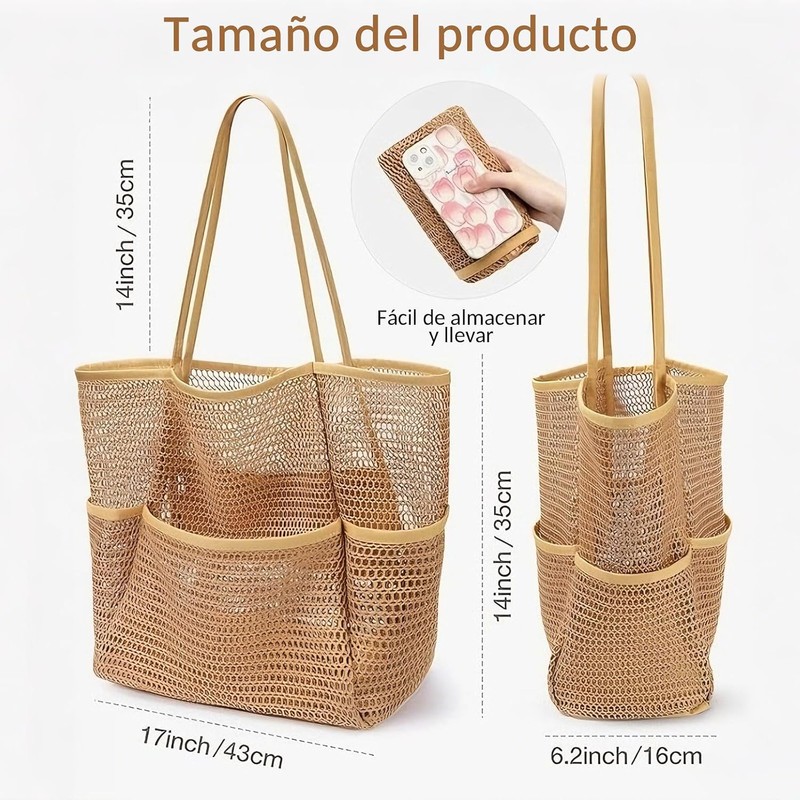 Bolsa de Playa para Mujer,Tote Bag Mujer de Malla Plegable,Amarillo