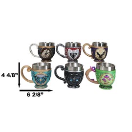 Ebros Gift Pack Of 6 Love Never Dies Wedding Skeletons Silver Heart Dragons Tarot Fortune Teller Palms Skull Moth Black Cat Pentagram And Mushrooms Tea Cup Mugs Set