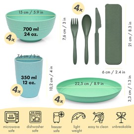FOODLE Wheat Straw Dinnerware Set - BPA Free & Safety Tested - Microwave & Dishwasher Safe Dishes - Perfect for Camping, Picnic, RV, Dorm - Plates, Cups and Bowls - Great for Kids & Adults - For 4