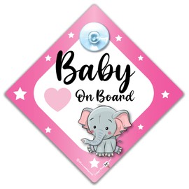 Baby on Board Car Sign with Pink Elephant Baby 14 x 14 cm Suction Cup Mount