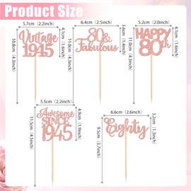 10Pcs Happy 80th Birthday Cupcake Toppers - Glitter '80 Fabulous' Vintage 1945 Theme for 80th Birthday & Anniversary Party Decorations, Rose Gold