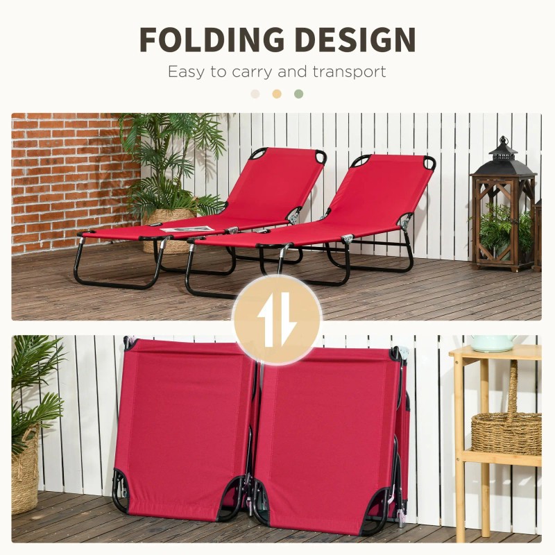 Set of 2 Wine Red Folding Chaise Lounge Chairs 5-Position