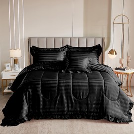 Bedorm Black Satin Comforter Set Black Stripe Bedding Set Extra Soft Silky Bedding Queen Size Bed in a Bag with Satin Striped Sheet Set and Rich Silk Like Comforter Set