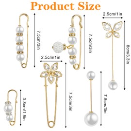 6 Pcs Gold Brooches for Women,Gold Safety Pins, Faux Pearl Brooch Rhinestone Brooches for Women, Sweater Shawl Pin, Decorative Pant Waist Tightener Safety Pins for Clothes