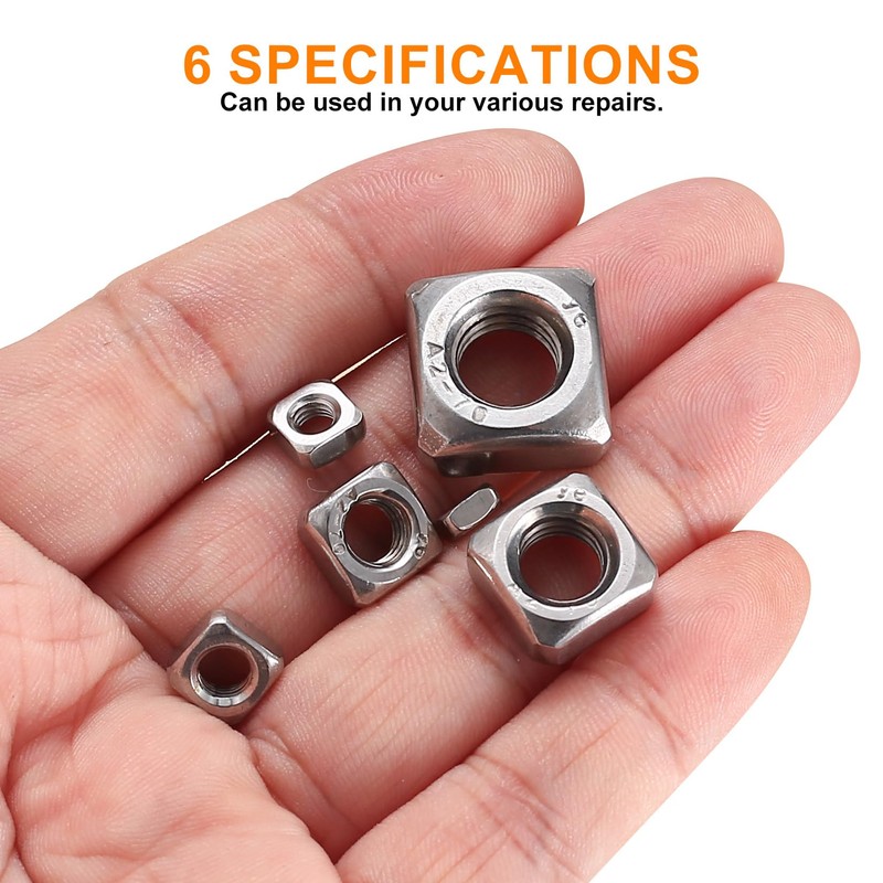 Square Nut, 150 Pieces Stainless Steel Square Nuts, Thread Nuts,