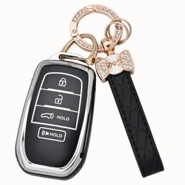 for Toyota Key fob Cover, 4 Buttons Soft TPU Key Fob Case for Toyota Crown Corolla Cross Grand Highlander Tundra Prius Venza Sequoia Land Cruiser Car Key Cover with Bling Keychain （Black）