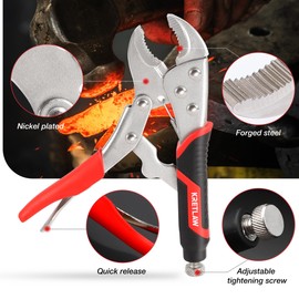KRETLAW Vice Grips Pliers Set, 6-Piece Locking Pliers Set, 6-1/2”&9-1/2” Long Nose Locking Pliers, 5”, 7” and 10” Curved Jaw Vise Grip Pliers, 6” C-clamp Locking Pliers with Rolling Pouch