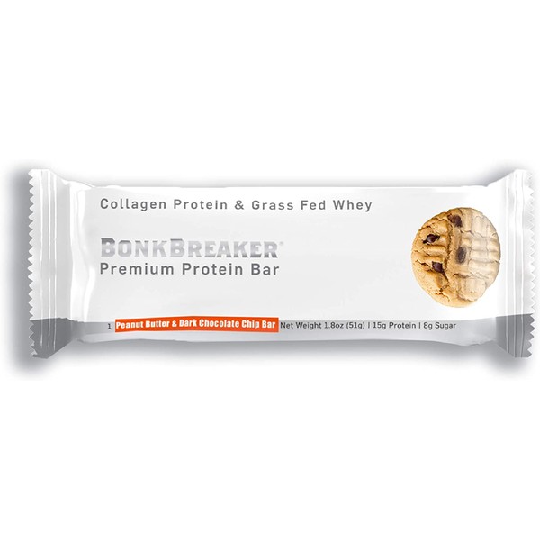 Peanut Butter & Dark Chocolate Chip Collagen Protein Bar by Bonk Breaker - 1.8 Oz each - 12 Bars - Gluten Free & All Natural Sweeteners