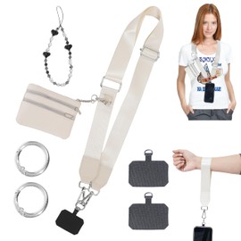 Reorwo Clip and Go Phone Strap with Zippered Pouch,Phone Strap with Cellphone Chain Accessories,Adjustable Chain Lanyard with Zippered Wallet for All Phones,Off White