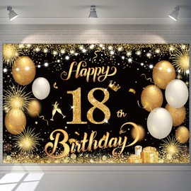 Happy 18th Birthday Banner Gold 1.1 x 1.8m Happy 18th Birthday Banner Backdrop 18th Birthday Decorations for Boys Girls, 18 Years Old Birthday Anniversary Party Supplies (Black Gold)