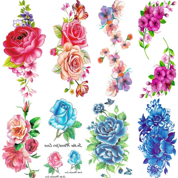 Flowers Temporary Tattoos for women sexy 8 Sheets by Yesallwas,LargeTattoo Sticker Fake Tattoos for kids girls teens,waterproof and Long Lasting sexy body tattoos -Rose, Peach, Peony Flower