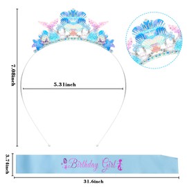 Mermaid Birthday Decorations Mermaid Headband and Sash for Birthday Girl Blue Seashell Hair Accessories Mermaid Party Favors Birthday Gifts for Girls