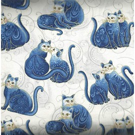 Cat i tude II Mini Scroll Cats White Blue Benartex Metallic Fabric