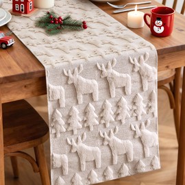 Christmas Tree and Elk Soft Plush Faux Fur Jacquard Xmas Table Runner, Seasonal Holiday Dining Table Decoration for Home Party Decor 13x60 Inch (Cream Beige)