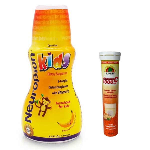 Neurobion Kids B Complex Liquid - Powerful Healthy Multivitamin for Children - 8.5 fl oz + Sunlife Vitamin C 1000 mg 20 Tablets Orange Flavor Immune System Support