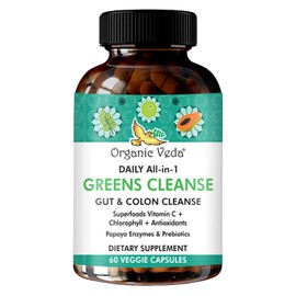 Super Greens Total Gut Health, Digestion & Colon Cleanse Supplement - All in One Organic superfoods, Turmeric, Papaya, Chlorophyll, Moringa, Psyllium Husk, Triphala, Digestive Enzymes – 60 Capsules