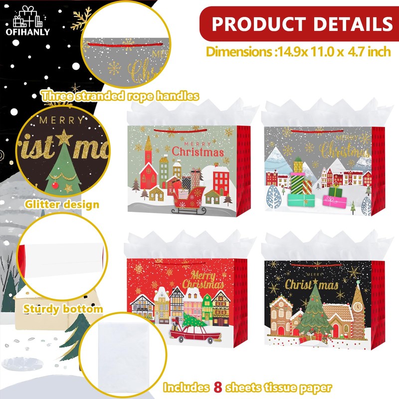 OFIHANLY 4 Pack 14.9" Large Size Merry Christmas Gift Bags