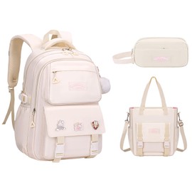 DAMAIYIYI Girls' Backpack Set of 3 Backpack School Backpack Backpack Primary and Secondary School Students' Backpack（ Beige color)