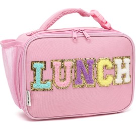 FlowFly Kids Lunch Bag, Durable Insulated School Lunch Box with Bottle Holder, Water-resistant Thermal Small Lunch Cooler Tote for Teen Boys & Girls,PinkWithLetter