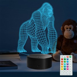 Gorilla Night Light, Gorilla Gifts, Ape Decor, 3D Illusion Lamp with Remote Control, 16 RGB Colors, 4 Flashing Modes, Timer, Kids Room Decor