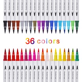 Watercolor Brush Pen Dual Tip Paint Marker Set, 36PCS Flexible Brush and Fineliner Tips, Watercolor Effects perfect for Adult Coloring Books, Manga, Calligraphy, Hand Lettering, Bullet Journal Pens