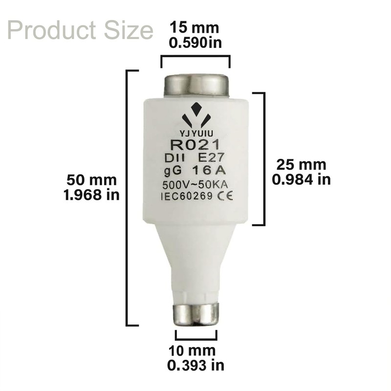 10 x R021 DII E27 Ceramic Fuse Inserts 16A 500V
