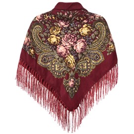 Russian Style Muffler Warm Scarf with Tassel Women's Traditional Scarf Wrap Shawl Fringes Printing Cape (Wine Red)