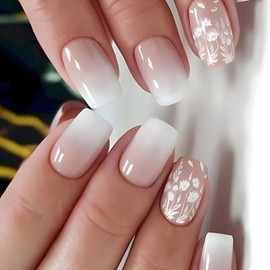 ANDGING White Square Press on Nails Short Ombre Fake Nails with Glue Acrylic Floral Leaf Glue on Nails with Designs Fancy Gel Manicure False Nail for Women Stick ons Nails for Girls Wedding Birthday