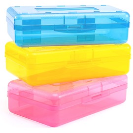 Sooez 3 Pack Pencil Case, Large Hard Pencil Box Bulk, Clear Crayon Box Marker Pen Organizer, Plastic Storage Container with Snap Lid, Stackable Art Craft Organizer Back to School Supplies, Colorful
