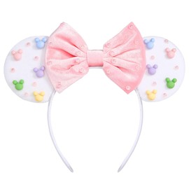 HAMUTH Mouse Ears Headband,Pink bow Headband with Pearl for Women Girls, Cute Velvet Hair Accessories for Party Trip Parks CospLay Decorations
