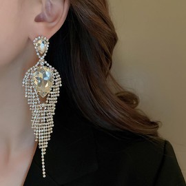 Jumwrit Sparkle Full Rhinestone Tassel Earrings Long Fringe Chain Drop Dangle Earrings Statement Chandelier Bridal Wedding Earrings Shiny Teardrop Stud Earrings Jewelry for Women Girls, Zinc,