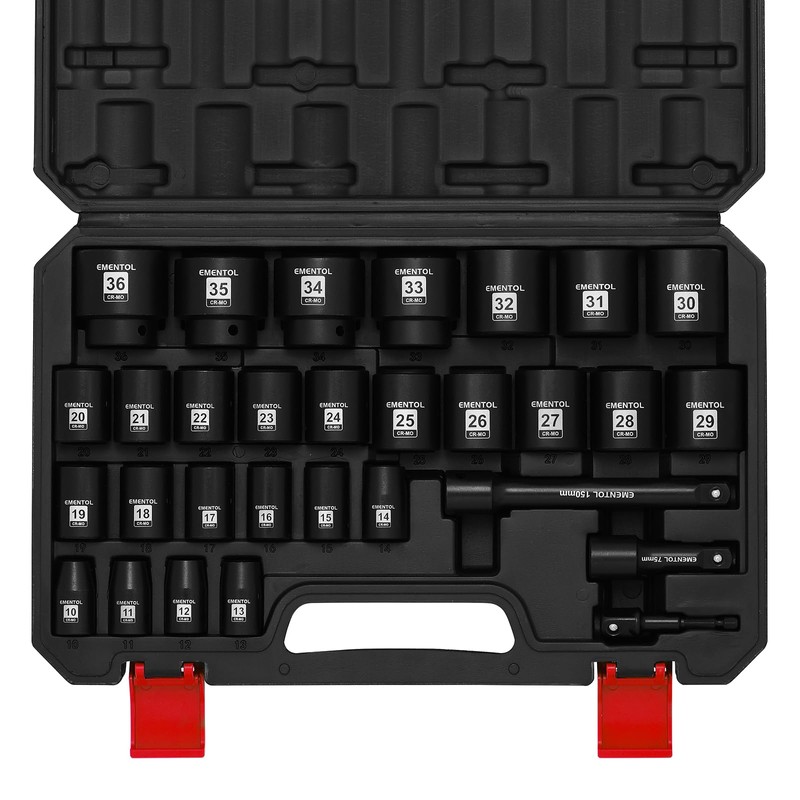 EMENTOL 30PCS 1/2" Drive Standard Impact Socket Set, CR-MO, Metric,