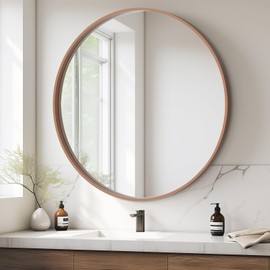 HOMECOOKIN Round Wood Mirror, 31" Round Bathroom Wall Mirror Circle Mirrors for Wall Decor, Vanity, Living Room, Bedroom, Entryway, Walnut